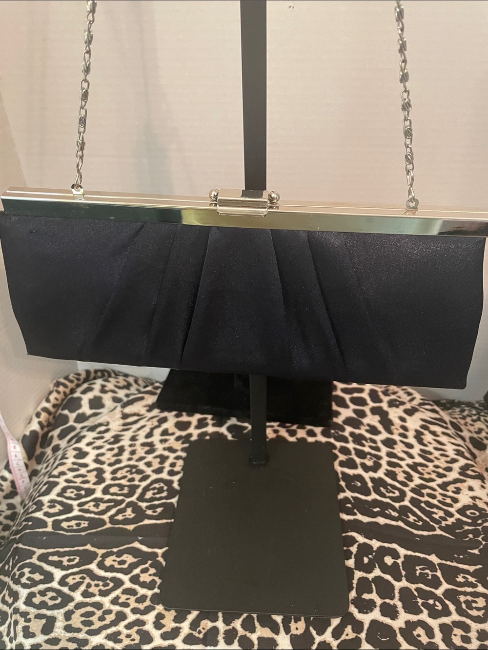 Jessica McClintock Elegant Black Satin Evening Clutch with Silver Chain
